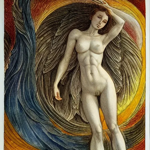 Image similar to most beautiful silk steel maiden, cygnus milieu of desert of purgatory, in the style of william blake, terese nielsen, detailed, intricate, beautiful faces, steve argyle, pastoral fantastic reality