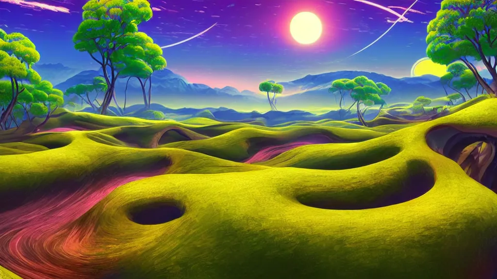 Image similar to digital painting of a lush sinuous river valley by. river. sunset. no mans sky. chiho aoshima. digital render. detailed. beautiful landscape.