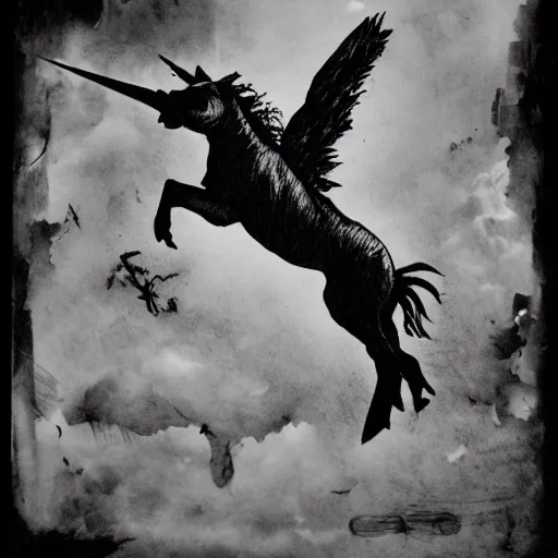 Image similar to flying pig with unicorn horn, derek hess style, black and white, 35mm, 8k