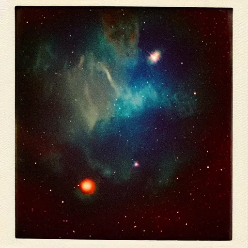 Image similar to vintage polaroid of our galaxy in deep space, detailed clouds, nebula, planets, galaxies, warm azure tones, red color bleed, film grain