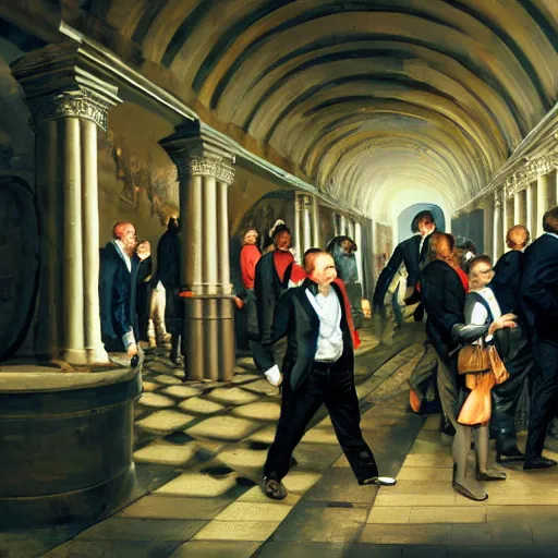 Image similar to underground tunnels inhabited by portly white men in suits and ties, computers, lights and switches, portal to another world, baroque oil painting