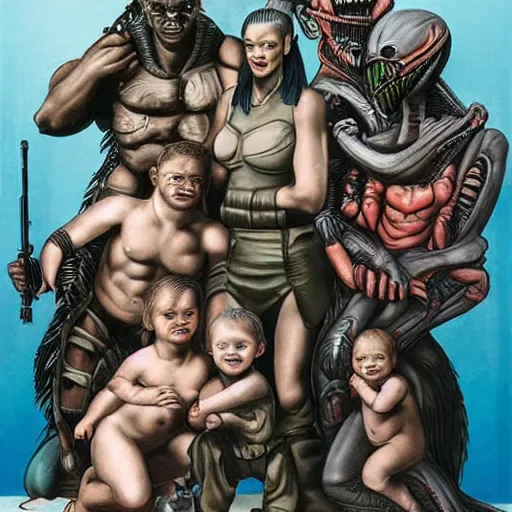 Prompt: Predator family portrait 2 parents 2 kids and a new xenomorph baby in the style of Michelangelo