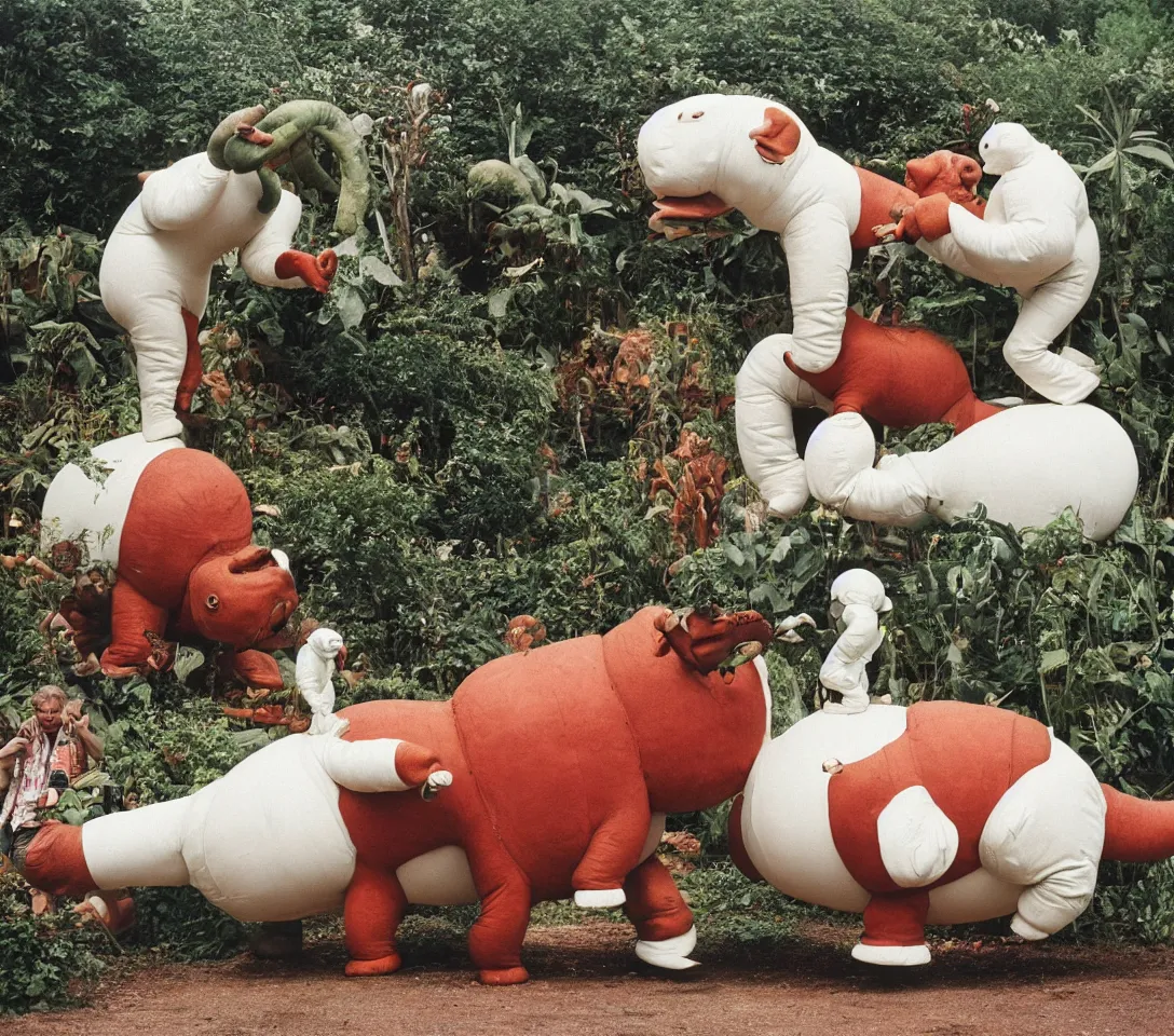 Image similar to a 3 5 mm photography, kodachrome colour, of grandpa with white michelin man costume, riding a hippo, strange creatures and alien plants around, photos taken by martin parr