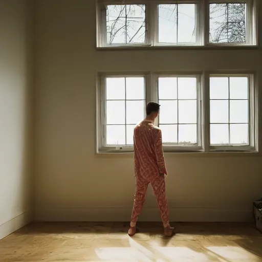 Image similar to person in pyjamas standing near window, turned back to camera, cinematography, sun rays, daylight, big french door window, big spatious room, carpet at the floor, wide shot 2 4 mm, anamorphic shot lens, walls at left and right sides, window at the center, wooden floor, modern, winter sun, photorealistic, high ceiling