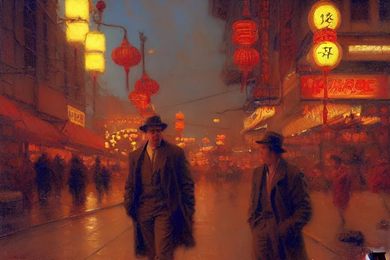 Image similar to winter, attractive male, neon light, chinatown, painting by gaston bussiere, craig mullins, j. c. leyendecker