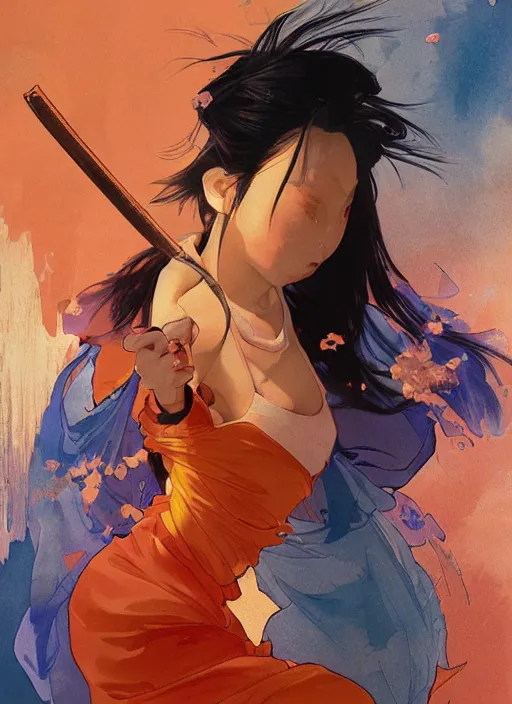 Prompt: mulan, orange spike aura in motion, damaged japanese clothes, floating pieces, painted by art by tsuyoshi nagano, greg rutkowski, artgerm, alphonse mucha, spike painting