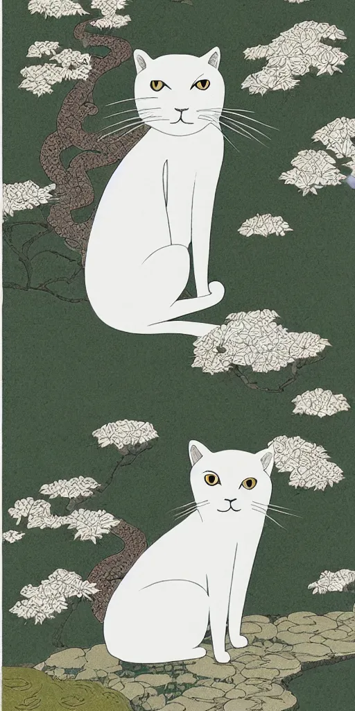 Image similar to white cat in center of an ancient japanese garden, in the style of victo ngai, animal portrait