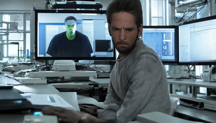 Image similar to big budget action movie about an evil hacker using a computer in a science lab