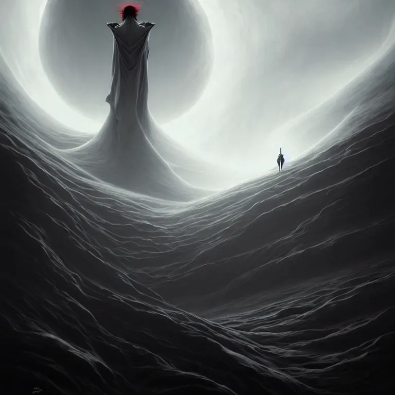 Image similar to one lone singular swirling otherworldly demonic figure shrouded in black crimson robes emerges from extensive barren white dunescape, matte painting by peter mohrbacher and filip hodas, background cn tower!, godrays, high contrast, highly detailed