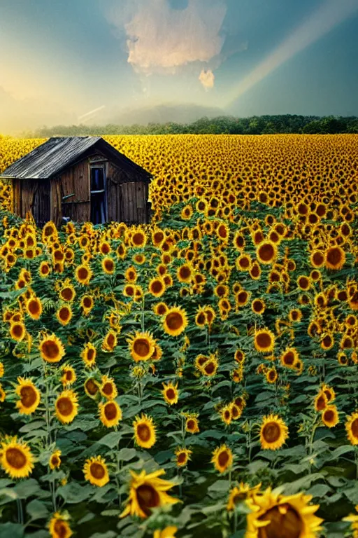 Prompt: dilapidated shack in a sunflower field sliced in half by a iridescent glass crack shattering the sky down from from the clouds, photorealism, 8k, artstation trending, Ray Tracing, octane renderer, high detail, vollumetric lighting