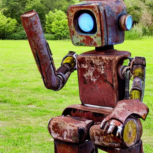 Image similar to rusty robot sitting by a tree, auction catalogue photo