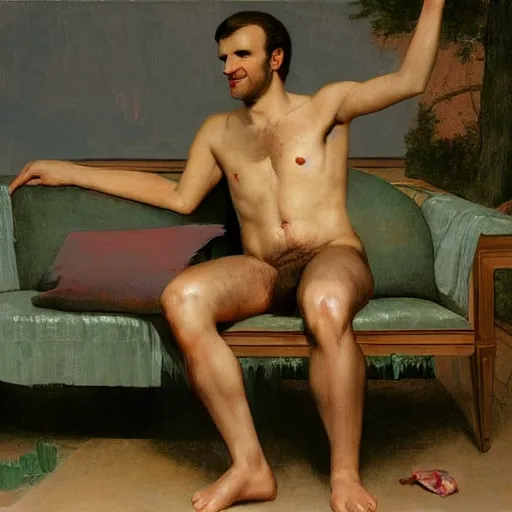 Prompt: emmanuel macron posing on a sofa, 1 9 7 0 living room, body hair, oil on canvas, by david hockney, bouguereau