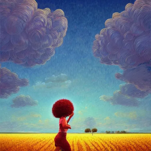 Image similar to giant red carnation afro head, full body, girl walking in the middle of a wheat field, surreal photography, hills, sunrise dramatic light, impressionist painting, colorful clouds, digital painting, pointillism, artstation, simon stalenhag