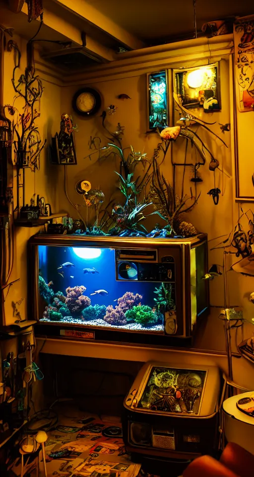 Prompt: telephoto 7 0 mm f / 2. 8 iso 2 0 0 photograph depicting the feeling of chrysalism in a cosy safe cluttered french sci - fi art nouveau cyberpunk apartment in a dreamstate art cinema style. ( ( fish tank ) ), ambient light.