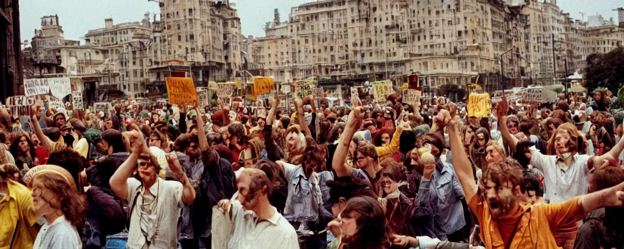 Image similar to hippies protesting spaghetti, 1 9 6 0's, high detail, canon 5 0 mm, wes anderson film, kodachrome