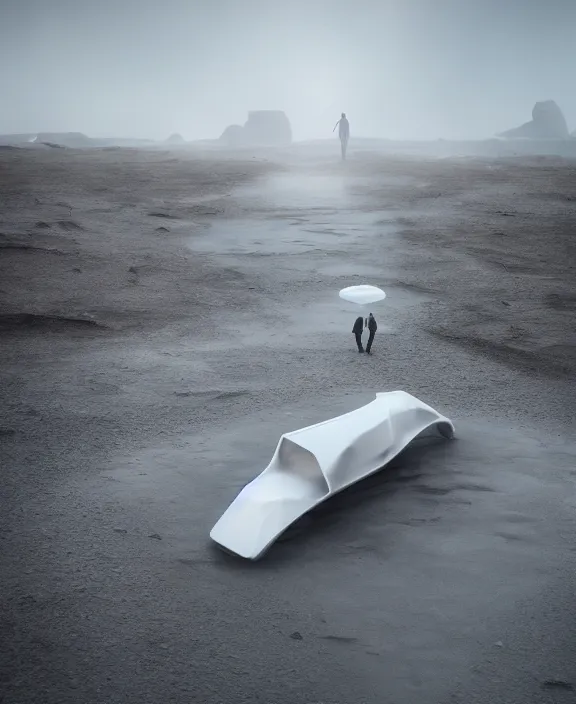 Prompt: surreal covenant deformation in the exploration, futuristic white architecture in the beach in iceland, foggy, highly detailed, digital painting, arstation, concept art, hyperealistic octane render, unreal engine,