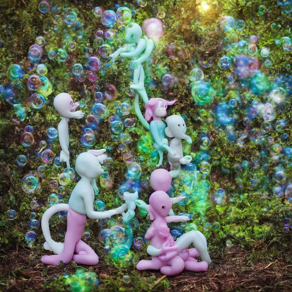 Prompt: plasticine alien and angel in the forest full of bubbles, wet specular, magic hour, photograph, depth of field