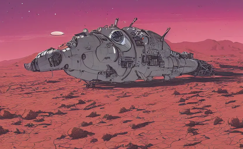 Image similar to very detailed, ilya kuvshinov, mcbess, rutkowski, simon roy, illustration of a giant crashed space ship on a desert planet, wide shot