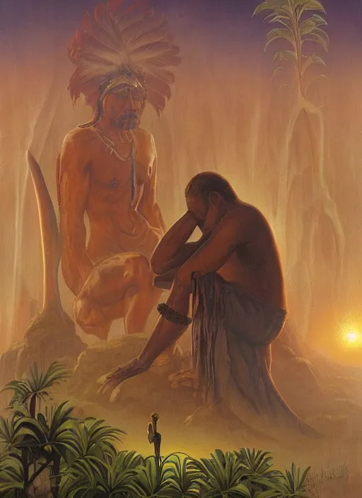 Prompt: an indigenous man sitting and praying in the jungle, while spirits of his ancestors watch over him in the sky, art by christophe vacher