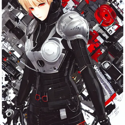 Prompt: girl wearing full suit of retro techwear armor, intricate armor design, shigenori soejima illustration, heavy lineart, oil on canvas