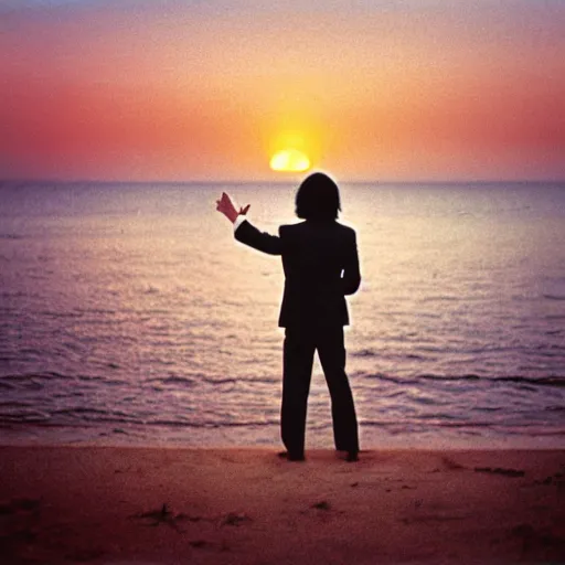 Prompt: japanese man with long hair in a suit standing in the ocean pointing at the camera, sunset, album cover, 1980