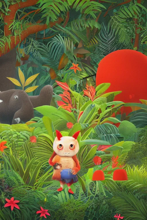 Prompt: rare bird in the jungle, night, stars, highly detailed, unreal engine render concept art, glitch, style of henri rousseau and richard scarry and hiroshi yoshida