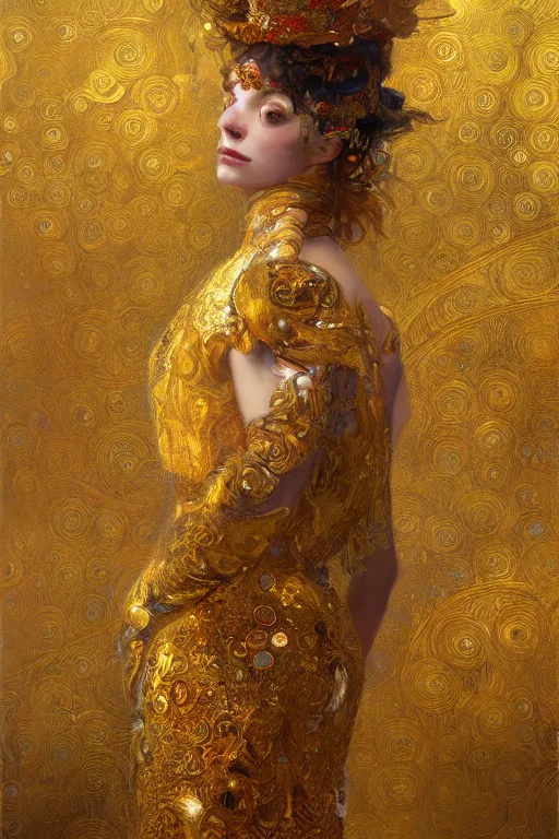 Image similar to an intricate artistic klimt golden motives and textures, hyper detailed, ornamental gold headpiece, octane render, vivid colors, artstation, by jeremy mann, by alphonse mucha, by boris vallejo