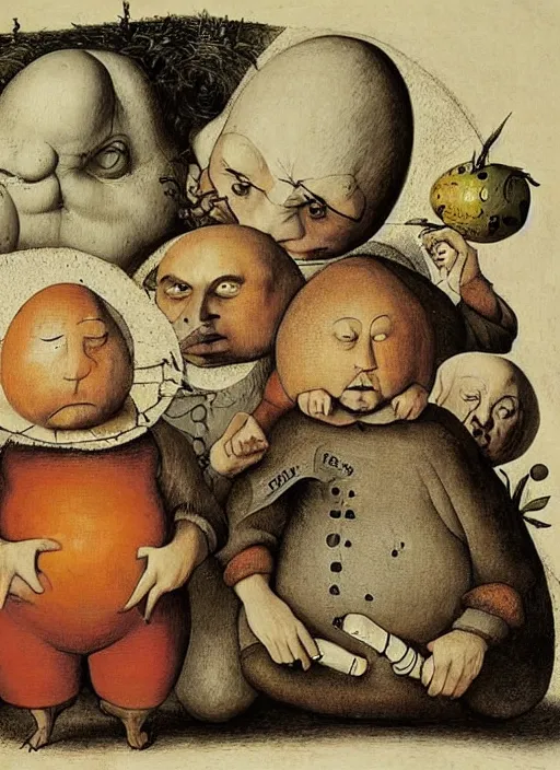 Prompt: tenacious d as eggs. real round humpty dumpty boys, realistic, by hieronymus bosch and pieter brueghel