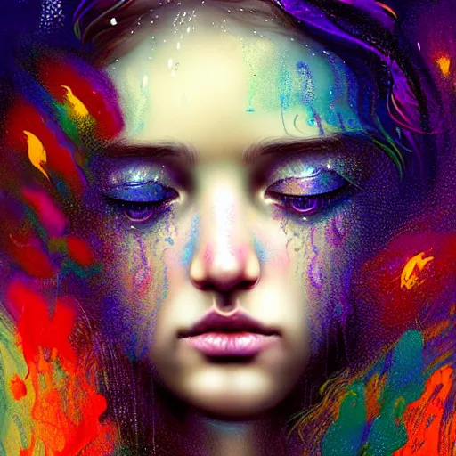 Image similar to girl in psychedelic LSD rain with wet hair and face, fantasy, intricate, elegant, dramatic lighting, emotionally evoking symbolic metaphor, highly detailed, lifelike, photorealistic, digital painting, artstation, concept art, smooth, sharp focus, illustration, art by John Collier and Albert Aublet and Krenz Cushart and Artem Demura and Alphonse Mucha