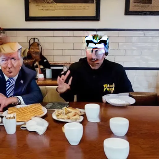 Image similar to photograph of trump and Biden sitting and eating breakfast at a Wafflehouse