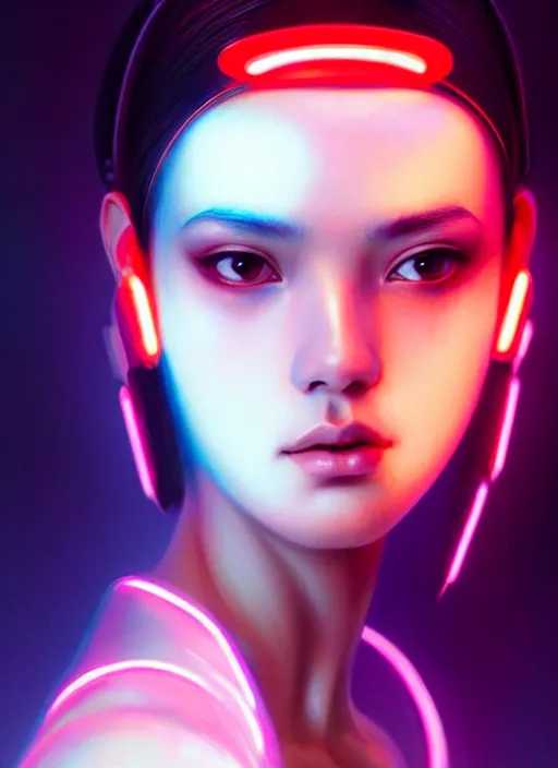 Image similar to photorealistic an oriental female humanoid with freckle cheeks, cyber neon lightings, futurism, cyberpunk high fashion, elegant pose, intricate details, crispy quality, digital photography, trending in artstation, trending in pinterest, no watermark signature, cinematic, 4 k ultra hd, art by artgerm, art by greg rutkowski, art by pascal blanche