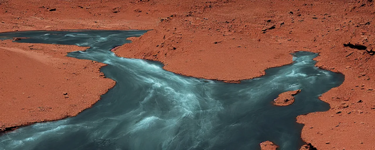 Image similar to A river on Mars, canyon, landscape photograph, award winning, highly detailed