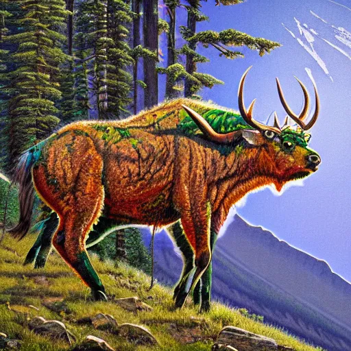 Prompt: ((cryptid)) in banff national park, by Jason Edmiston, dotted muscular intrepid green horned beast, 4K HD, ultrarealistic, dappled lighting, obsidian hooves