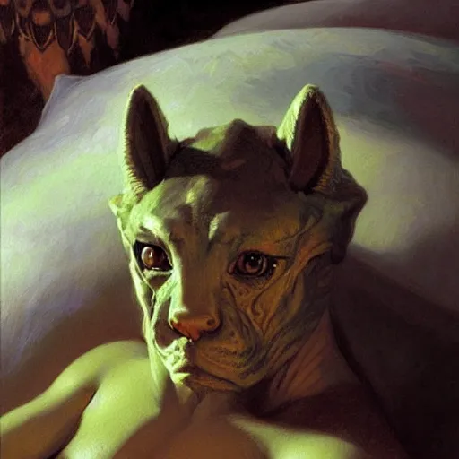 Prompt: a portrait of a furry alien in bed. highly detailed painting by gaston bussiere, craig mullins, j. c. leyendecker, furry