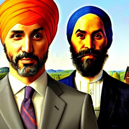 Image similar to Justin Trudeau next to Jagmeet Singh, pictured in the american gothic painting, concept art, sharp focus, highly detailed digital painting by Grant Wood, artstation