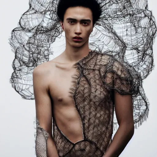 Prompt: a portrait of a beautiful young male wearing an alexander mcqueen bodysuit made of spiderweb lace , photographed by andrew thomas huang, artistic