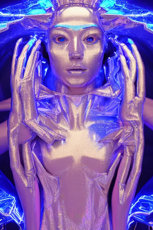 Image similar to hyper detailed ultra sharp portrait of baroque and bladerunner delicate neon diamond sculpture of seductive albino pharaoh, diamond blue sphinx iridescent humanoid deity wearing metallic hoody made out of hands holding the sun prismatic dungeon, glowing blue face, crown of white diamonds, cinematic lighting, photorealistic, octane render 8 k depth of field 3 d