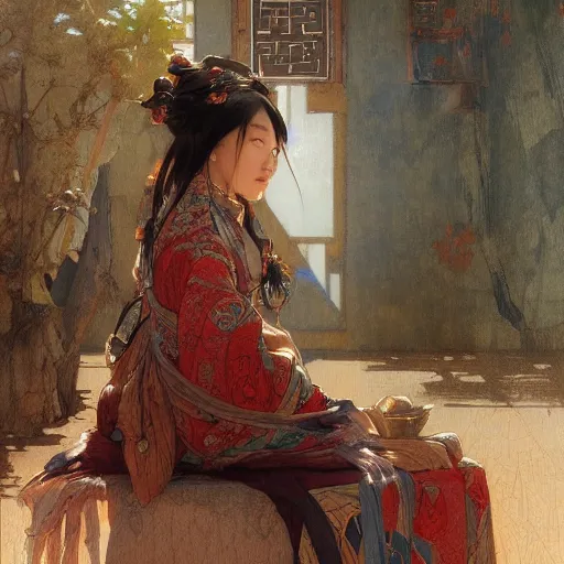 Image similar to Concept art, ancient Chinese girl, 8k, by james gurney, greg rutkowski, and john howe, background by alphonse mucha, artstation