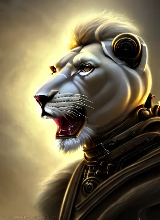 Prompt: an anthromorphic male white lion in a steampunk cybersuit, diffuse lighting, fantasy, highly detailed, photorealistic, digital painting, artstation, illustration, concept art, smooth, sharp focus, in the style of tom bagshaw