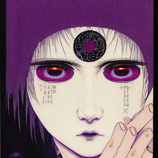 Image similar to prompt : portrait of muse soft light painted by takato yamamoto, purple iris rinnegan eyes, inspired by ninja anime, smooth face feature, intricate oil painting, high detail, sharp high detail, manga and anime