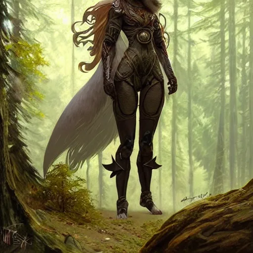 Image similar to long shot photo of a humanoid female she - wolf with wolf head were a heroic dress an armour in the forest, long hair, highly detailed, digital painting, artstation, smooth, sharp focus, illustration, art by artgerm and greg rutkowski and alphonse mucha