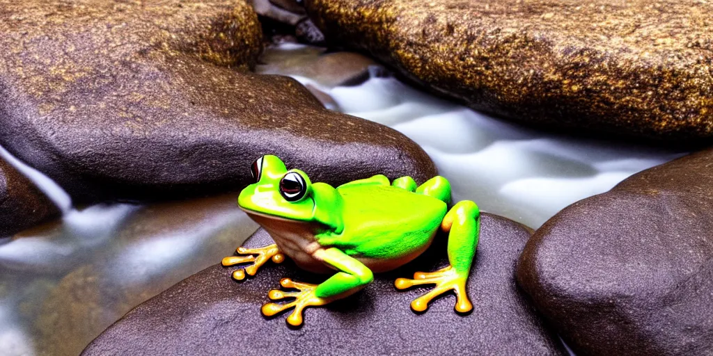 Prompt: A frog sitting on a glistening creek rock, flowing clear water creek bed, photorealistic