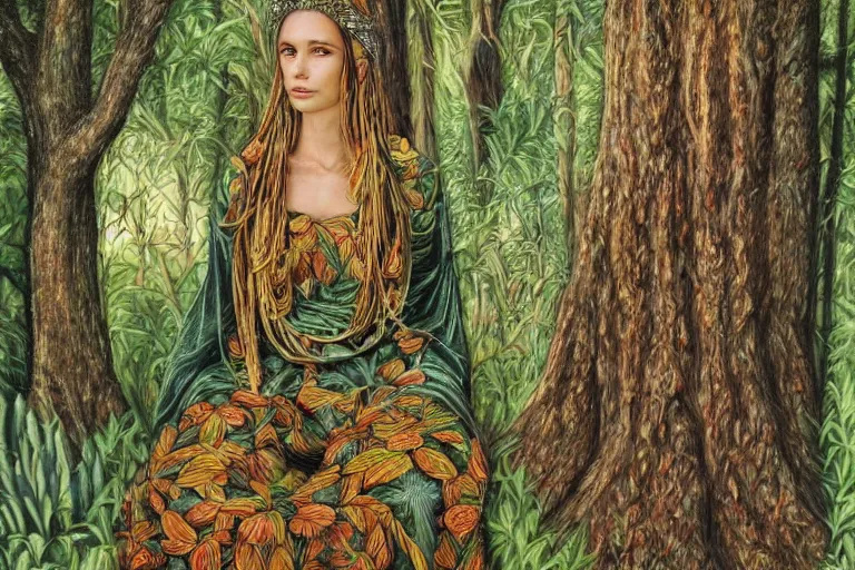 Image similar to a calm beautiful queen sitting in the forest by amanda sage, portrait,