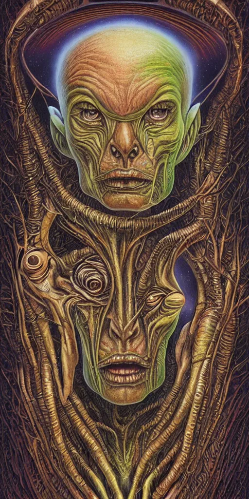 Image similar to alien portriat, alex grey, patrick woodroffe, mark ryden