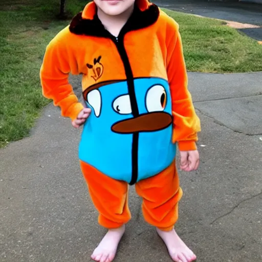 Prompt: perry the platypus wearing a perry the platypus onesie