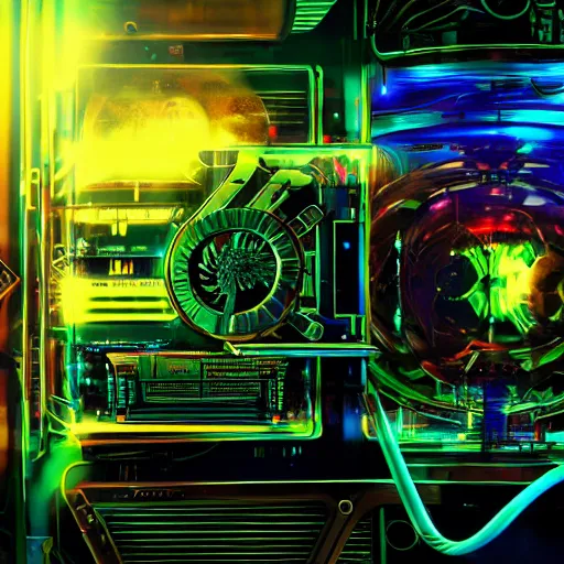 Image similar to album art, album is called tripmachine, write big text tripmachine, photo of a huge futuristic steampunk machinery inside a computer, 8 k, fluorescent colors, halluzinogenic, multicolored, exaggerated detailed, front shot, 3 d render, octane