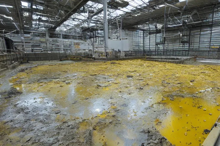 Prompt: photo of a waste facility, catwalks and yellow pools of sludge