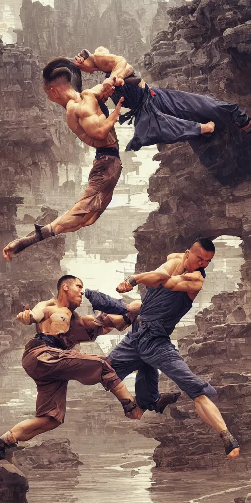 Image similar to a beautiful illustration of a young jean claude van damme, intricate, shaolin fight, arab city, houses, sharp focus, illustration, highly detailed, digital painting, concept art, matte, art by wlop and artgerm and greg rutkowski and alphonse mucha, masterpiece