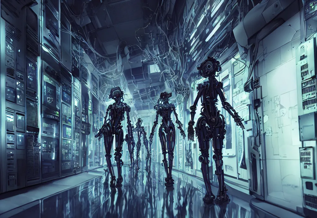 Prompt: shot of film by cyberpunk syle biomechanical cyborg walking in server room in datacenter, character design, very detailed cinematic, anime, by yoichi hatakenaka, by masamune shirow, digital art, octane render, beautiful composition, trending on artstation, award - winning photograph, masterpiece