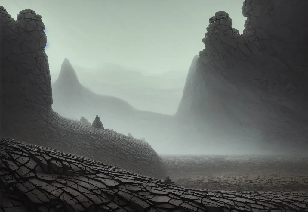 Image similar to The landscape of a gray wasteland with dry land, enclosed in incredibly gigantic enormous smoothed stone walls. The walls are so far apart that they disappear over the horizon. Art by Finnian MacManus, Simon Stalenhag, Arthur Rackham. Masterpiece, fantasy art, cinematic, hyperdetailed, photorealistic, hyperrealism, octane rendering, 8k